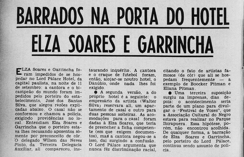 Revista do Rádio (RJ) noticia que Elza Soares e Garrincha foram barrados no Lord Palace — Foto: Reprodução/Revista do Rádio/Biblioteca Nacional
