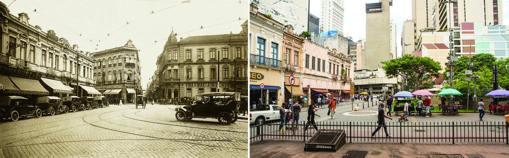 Largo São Bento, na região central de São Paulo, em foto da década de 1920 e de 2022 — Foto: Arquivo/Estadão Conteudo; Fábio Tito/g1