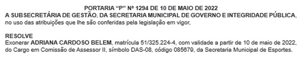 Adriana Belém foi exonerada de cargo na Secretaria Municipal de Esportes e Lazer do Rio — Foto: Reprodução/ Diário Oficial do Rio de Janeiro