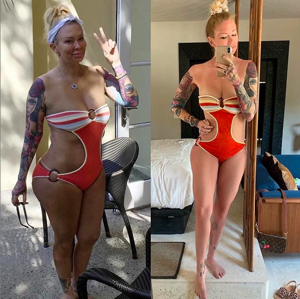 Uma das montagens compartilhadas pela ex-atriz pornÃ´ Jenna Jameson mostrando seu corpo antes e depois de sua dieta radical (Foto: Instagram)