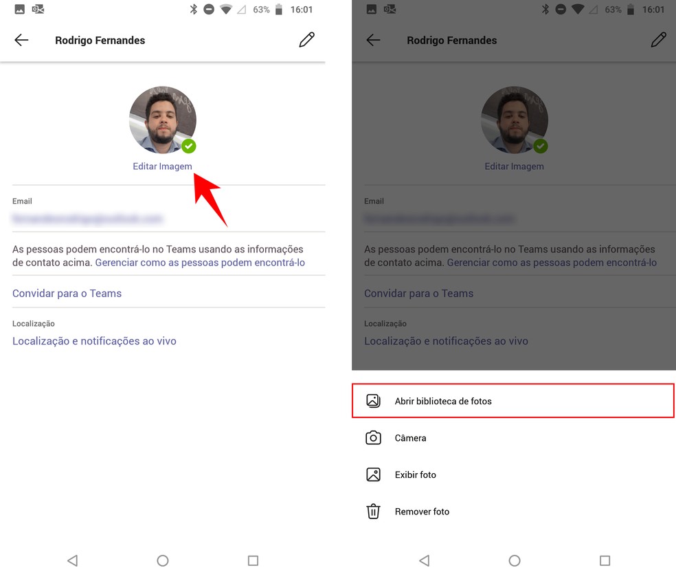 Como colocar foto no Microsoft Teams? Ação para abrir fotos da galeria e inseri-las no perfil — Foto: Reprodução/Rodrigo Fernandes