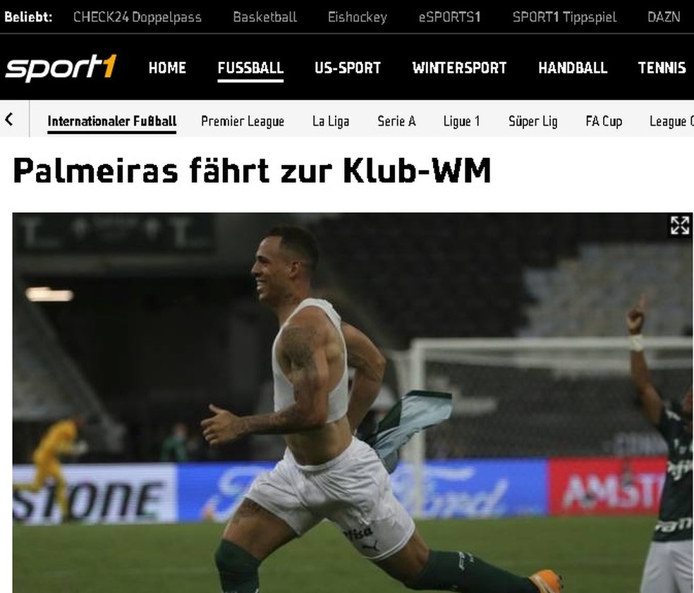 A emissora alemã "Sport1" destacou: "Palmeiras vai para o Mundial de Clubes" — Foto: Reprodução/Sport1