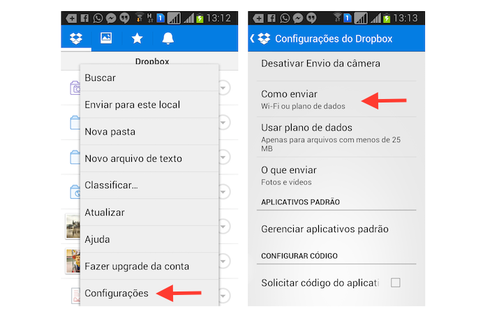Acessando as opções para envio de arquivos do Dropbox para Android (Foto: Reprodução/Marvin Costa)