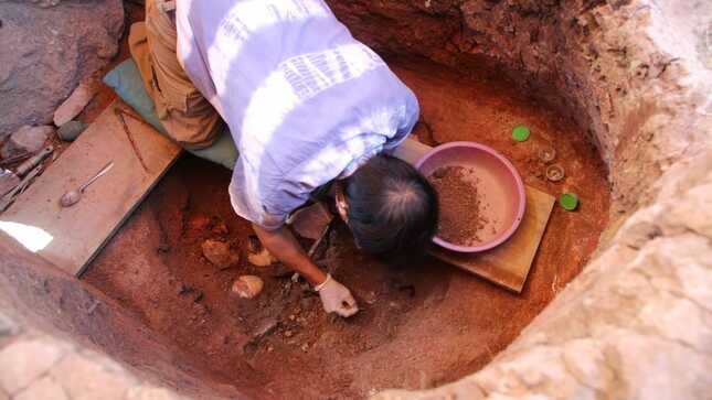 Na imagem um dos escavadores da equipe remove com cuidado a terra de cima dos ossos e objetos (Foto: DIRETORIA DE CULTURA DESCONCENTRADA DE CAJAMARCA)
