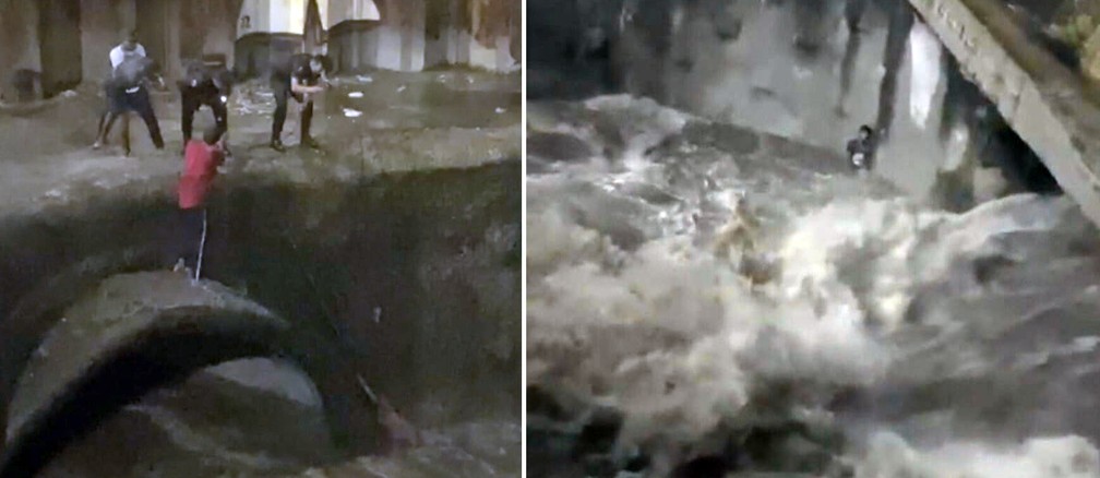 Dois momentos do drama no Rio Joana; à esquerda, Tancredo tenta se salvar, mas não consegue e acaba engolido pela enxurrada; à direita, o amigo dele se refugiou num pilar e pôde ser salvo — Foto: Reprodução