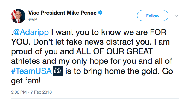 A resposta do vice-presidente dos EUA, Mike Pence, às críticas feitas pelo esquiador (Foto: Twitter)
