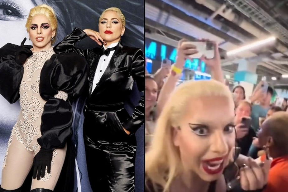 À esquerda, Penelopy Jean posa ao lado de Lady Gaga; à direita, drag queen enfrenta multidão que a confundiu com a cantora