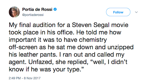 A acusação de assédio feita pela atriz Portia de Rossi contra o ator Steven Seagal (Foto: Twitter)