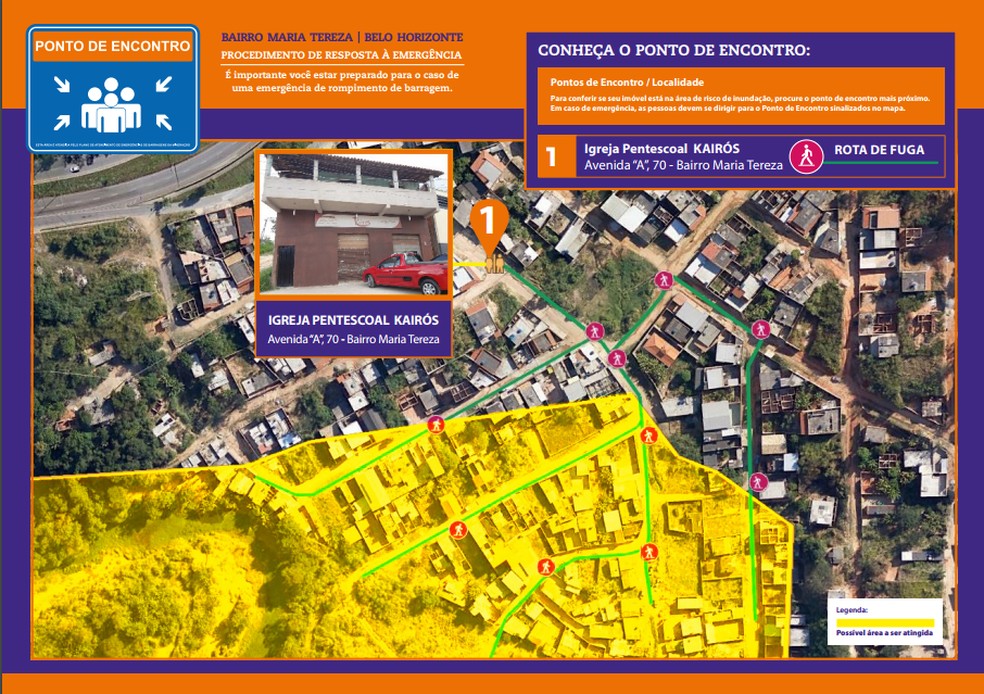 Mapa da mancha de inundaÃ§Ã£o no bairro Maria Tereza e ponto de encontro dos moradores que participarÃ£o da simulaÃ§Ã£o  â€” Foto: Defesa Civil