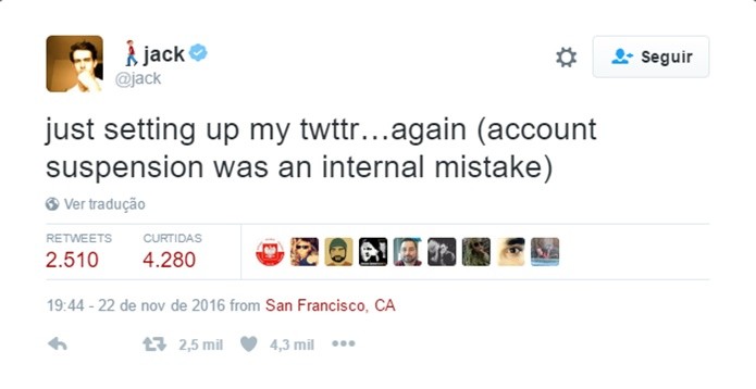 CEO do Twitter se pronuncia sobre a suspensão temporária da sua conta no microblog