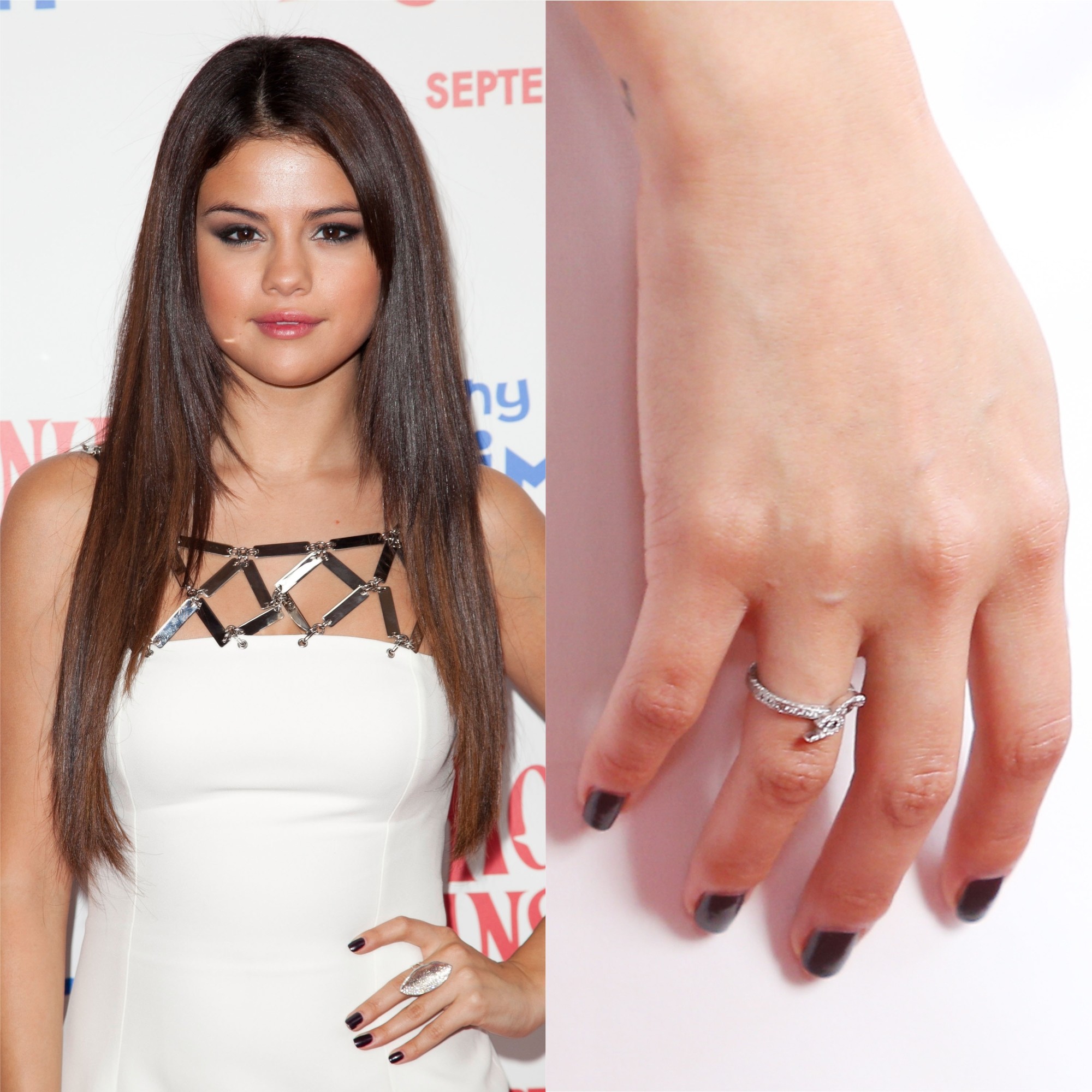 Selena Gomez usa o anel dado pelo então namorado, Justin Bieber, durante premiere em 2012 (Foto: Getty Images)