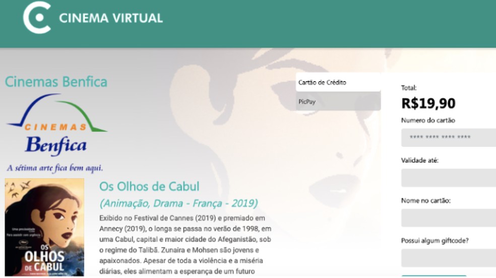 Cinema Virtual permite comprar filme para assistir por 72 horas com cartão de crédito ou PicPay — Foto: Reprodução/Paulo Alves