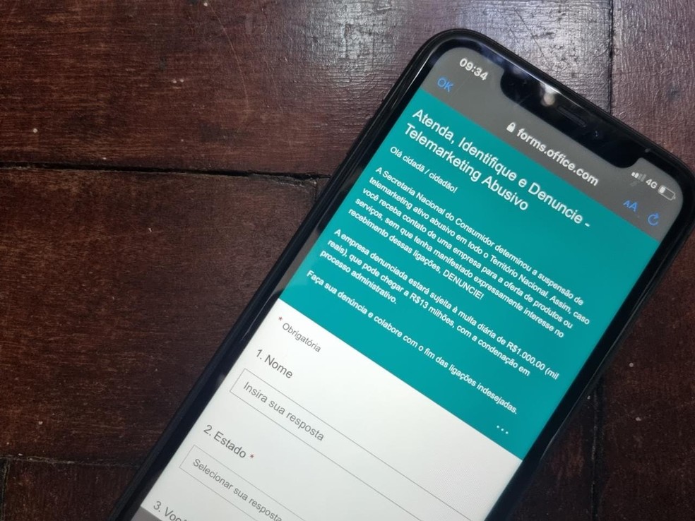 Formulário para denúnciar empresas por telemarketing abusivo — Foto: Reproduçãio/Katarina Bandeira