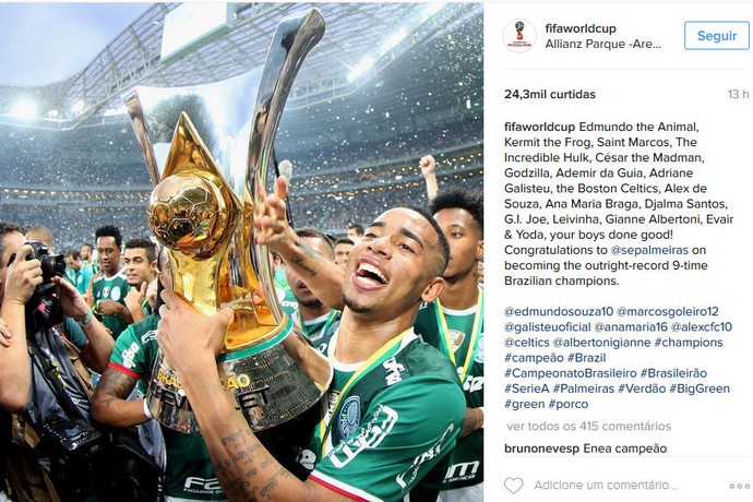 Instagram da Fifa parabeniza Palmeiras pelo título (Foto: reprodução / Instagram)