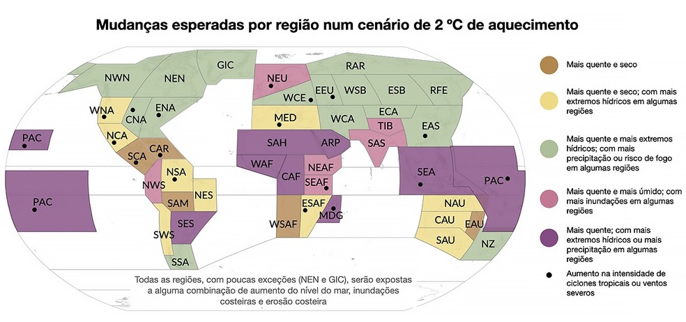 Mapa produzido pelo IPCC mostra efeitos previstos para diversas regiões do mundo. No Brasil, siglas indicam blocos referentes ao Nordeste da América do Sul (NES), Norte da América do Sul (NSA), e Sudeste da América do Sul (SES) — Foto: IPCC e Thiago de Jesus / Um Só Planeta 