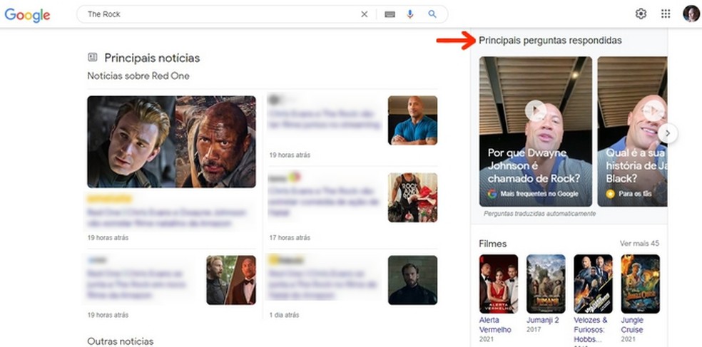 Vídeos do Cameo feitos pelo astro The Rock e divulgados no resultado das buscas do Google — Foto: Reprodução/Raquel Freire