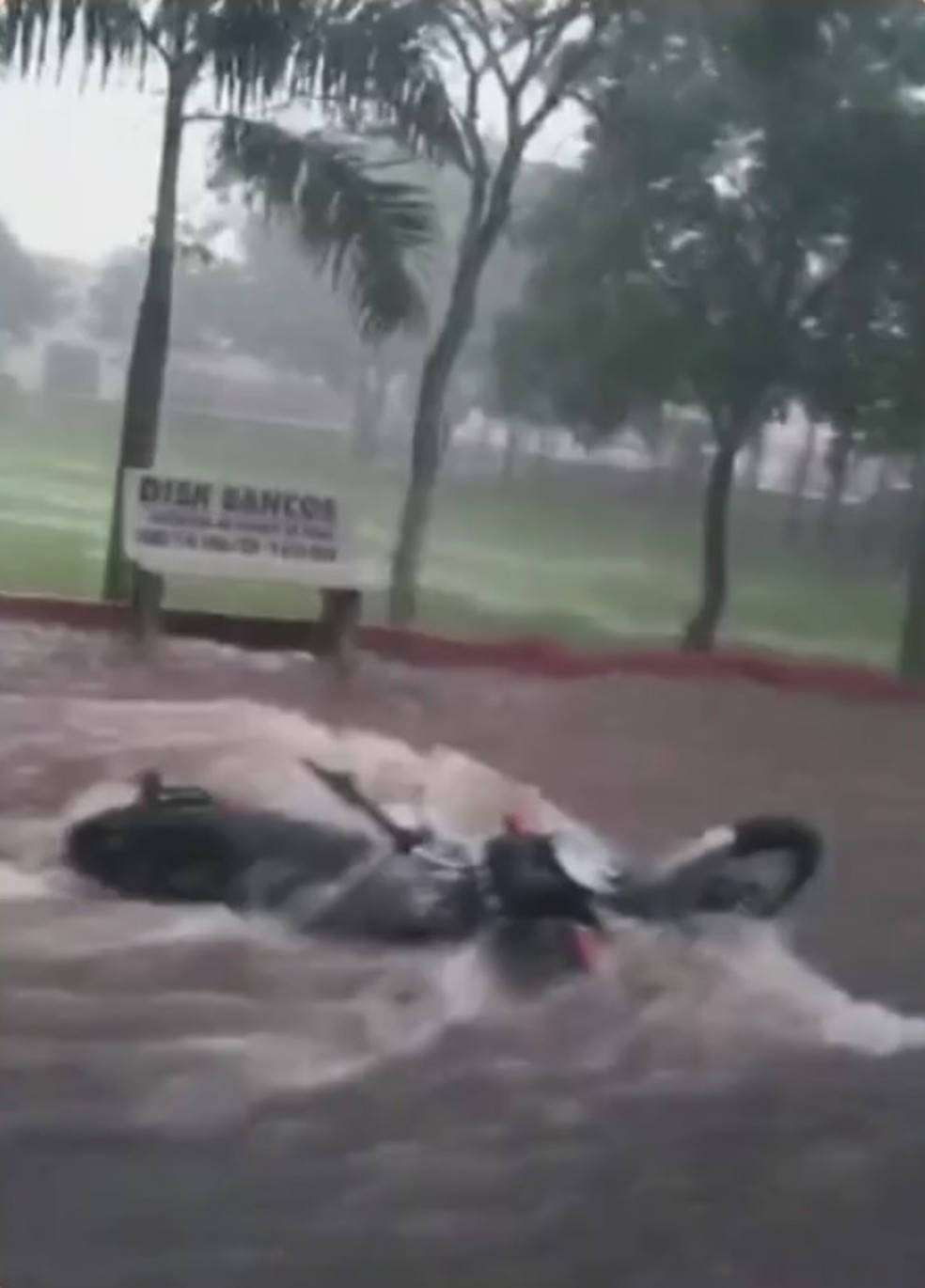 Moto foi derrubada por enxurrada em Garça — Foto: Reprodução/TV TEM
