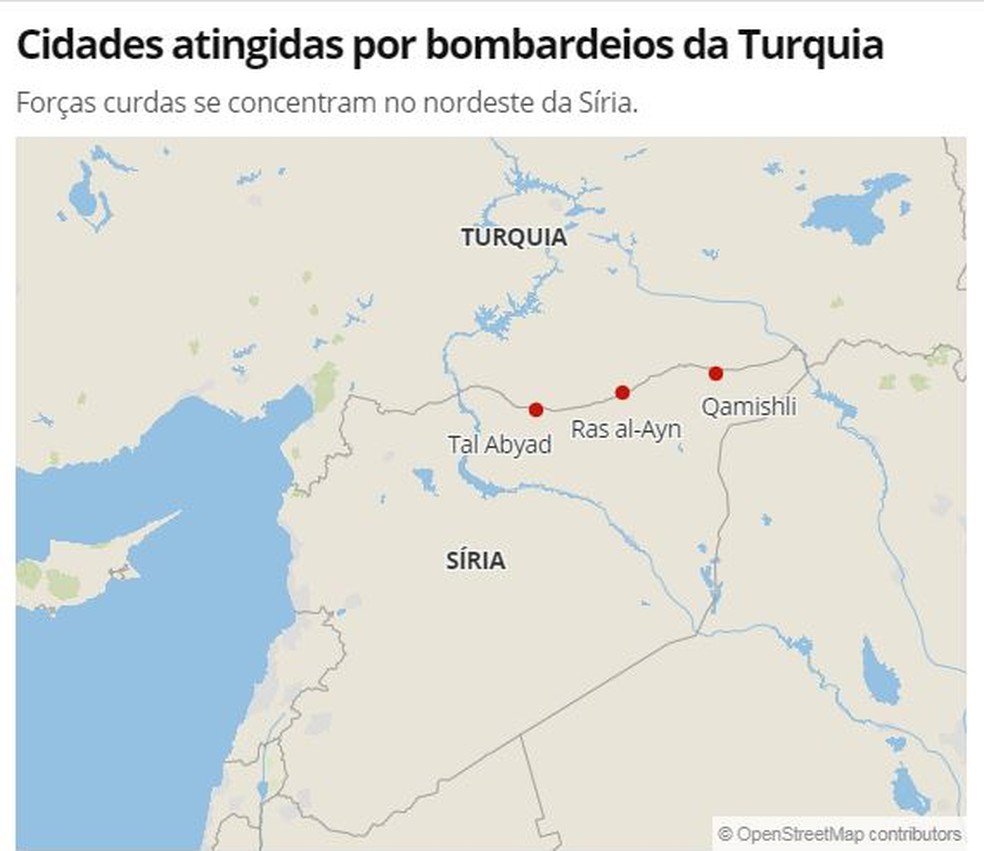 Localidades atingidas pela ofensiva turca desta quarta-feira (9) — Foto: G1 Mundo