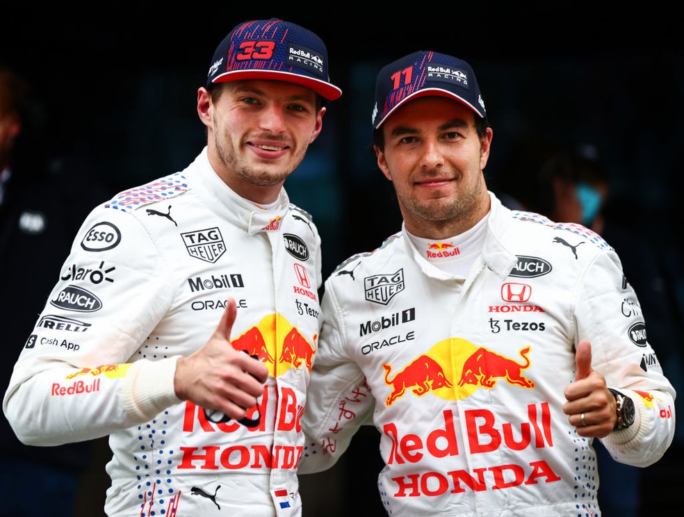 Pérez e Verstappen, companheiros da RBR — Foto:  Mark Thompson/Getty Images