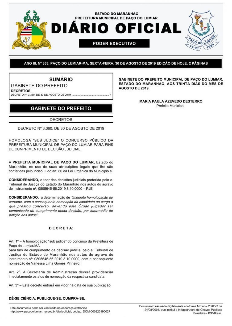 DecisÃ£o da homologaÃ§Ã£o do concurso pÃºblico de PaÃ§o do Lumiar foi publicado no DiÃ¡rio Oficial do municÃ­pio.  â Foto: ReproduÃ§Ã£o/G1 MA