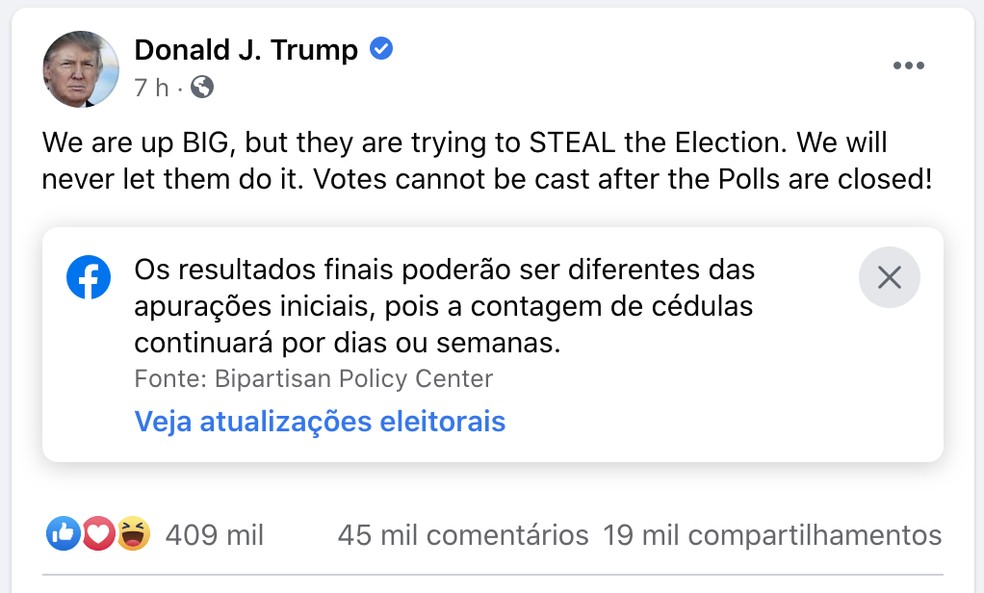 Publicação de Trump no Facebook também recebeu um selo de aviso. — Foto: Reprodução