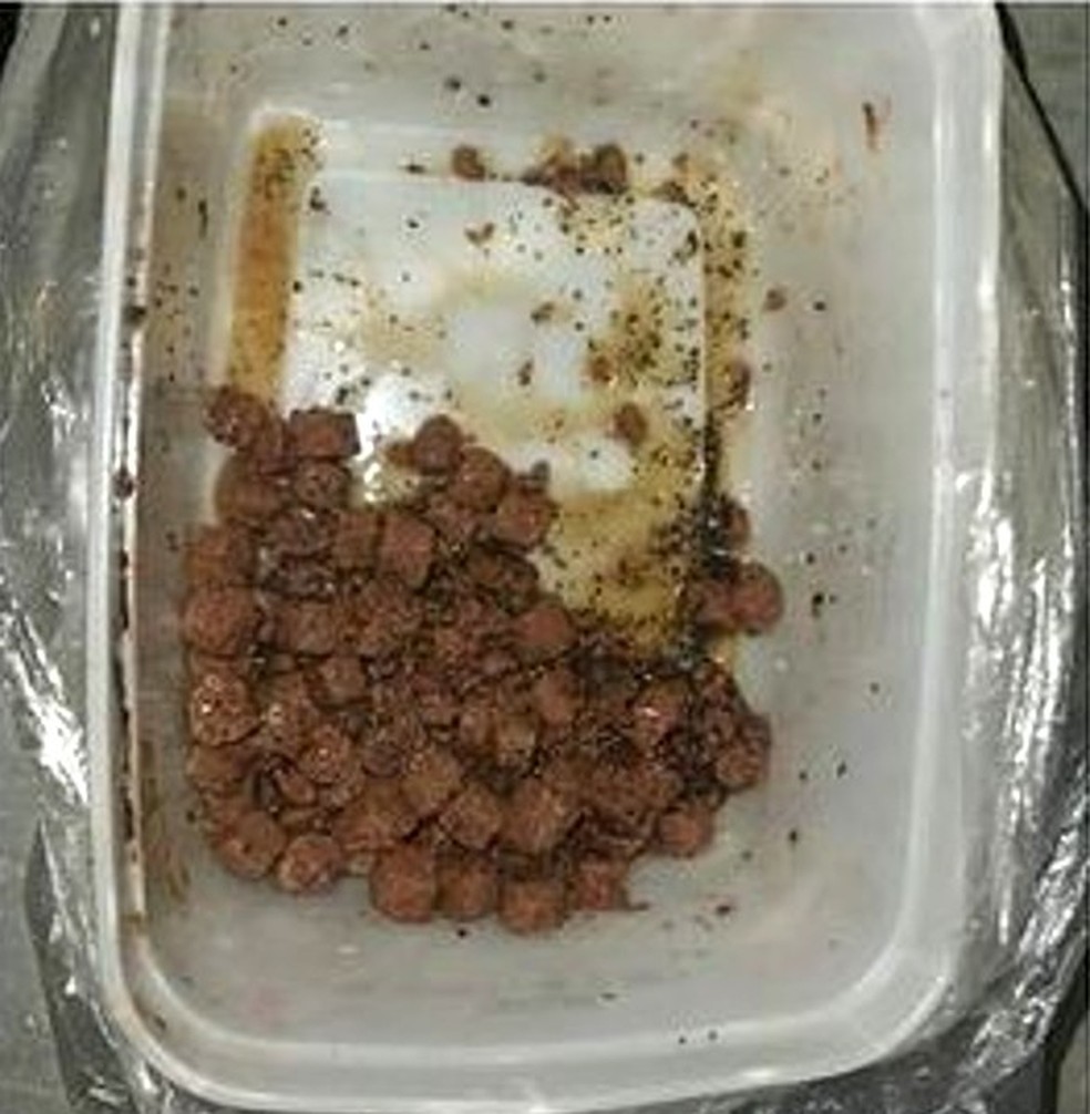 Pote com ração supostamente misturada com veneno para ratos foi apreendido e material encaminhado à Vigilância Sanitária — Foto: Polícia Civil/Divulgação