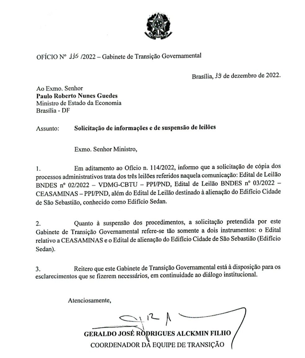 Ofício do vice-presidente eleito Geraldo Alckmin enviado ao Ministério da Economia na segunda-feira (19) — Foto: Reprodução