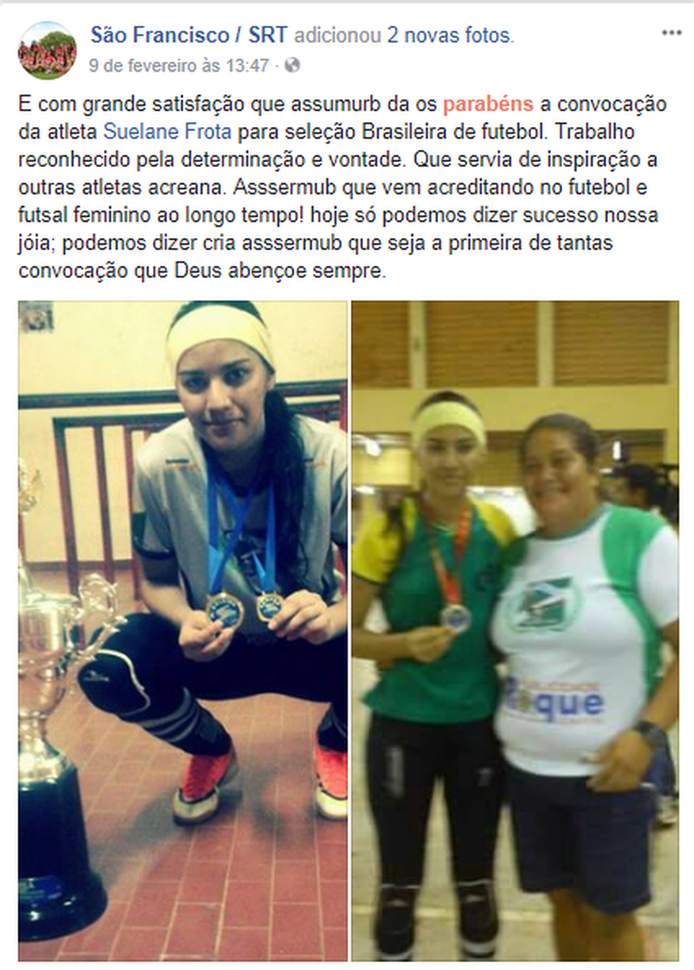 Ex-time posta homenagem à atleta convocada pela Seleção Brasileira (Foto: Reprodução/ Facebook)