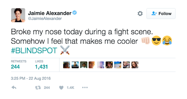 A atriz Jaimie Alexander revelou ter quebrado o nariz durante uma filmagem (Foto: Twitter)