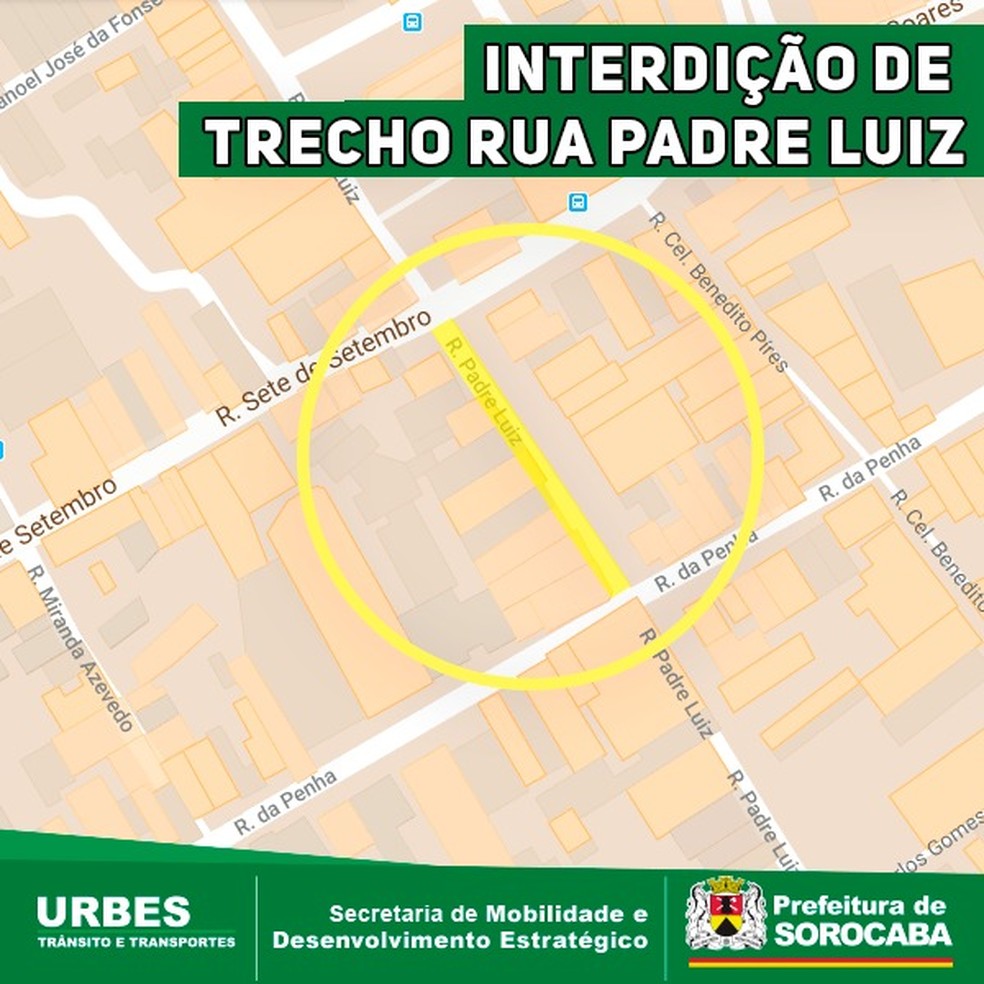 Trecho da Rua Padre Luiz ser&aacute; bloqueado neste domingo para obras do Saae &mdash; Foto: Divulga&ccedil;&atilde;o/Urbes Sorocaba