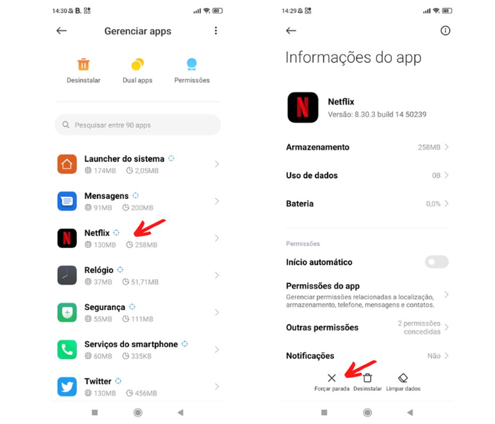 Toque no ícone da Netflix e, em seguida, aperte o "x" para forçar a parada do app — Foto: Reprodução/Raisa Capela