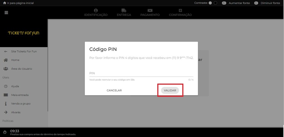Informar código de autenticação no site Tickets for Fun — Foto: Reprodução/Gabrielle Garcia