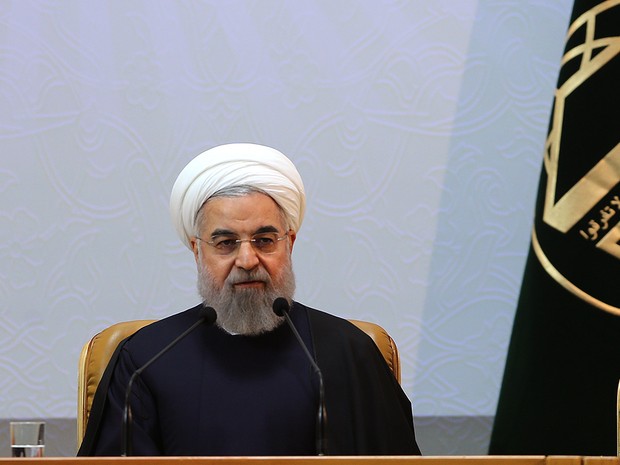 O presidente do Irã, Hassan Rohani, durante discurso realizado neste domingo (27) (Foto: Iranian presidency/AFP)