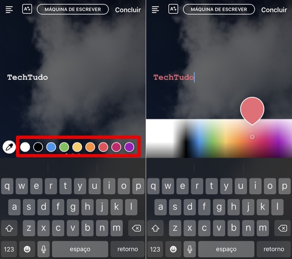 Selecione cor personalizada para o texto com paleta "secreta" do Stories — Foto: Reprodução/Helito Bijora