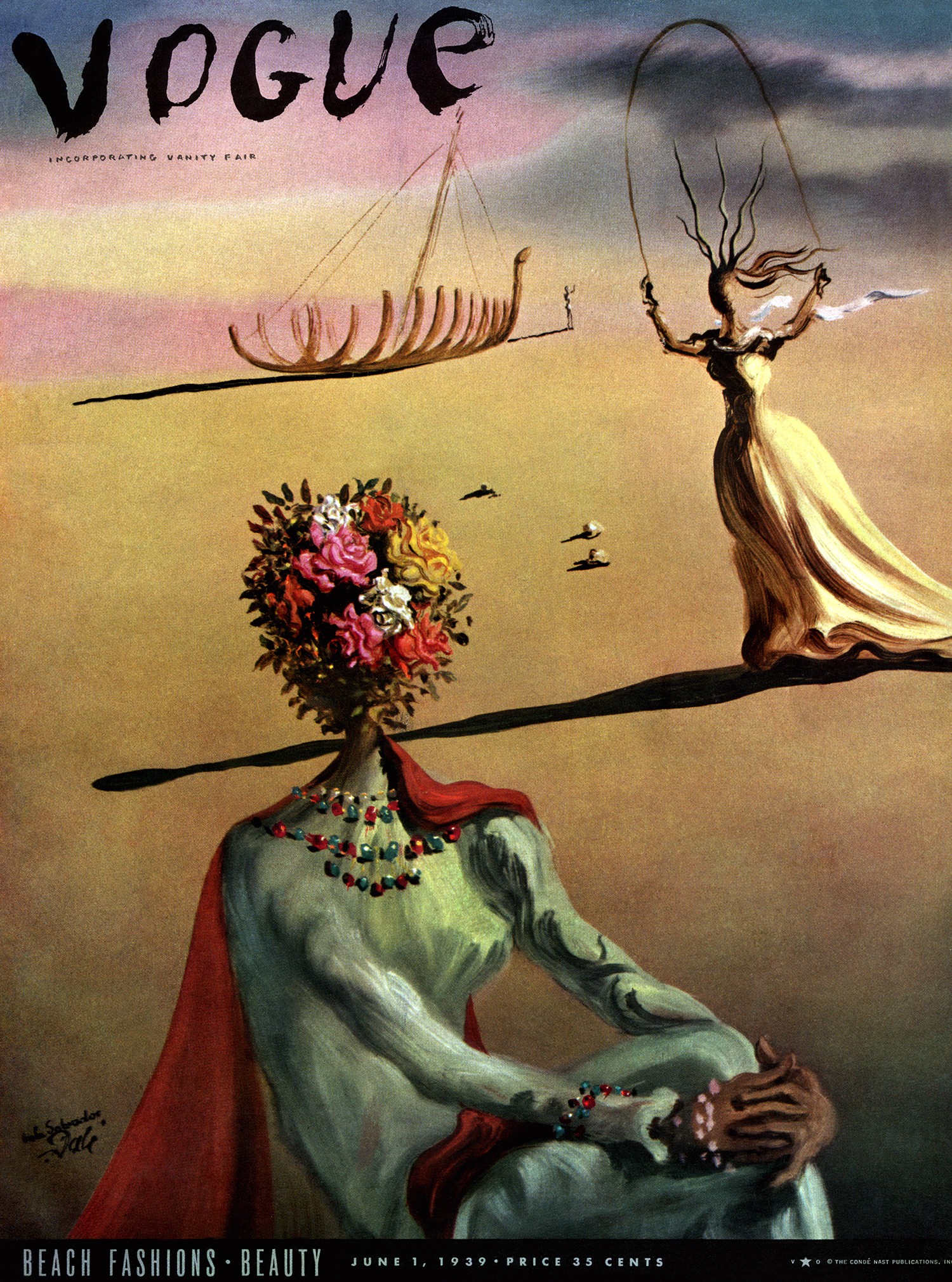 Vogue June 01, 1939 Magazine Cover featuring: Painting of woman with flower bouquet for head, woman jumping rope and remains of ship in background *** Local Caption ***  (Foto: Divulgação)