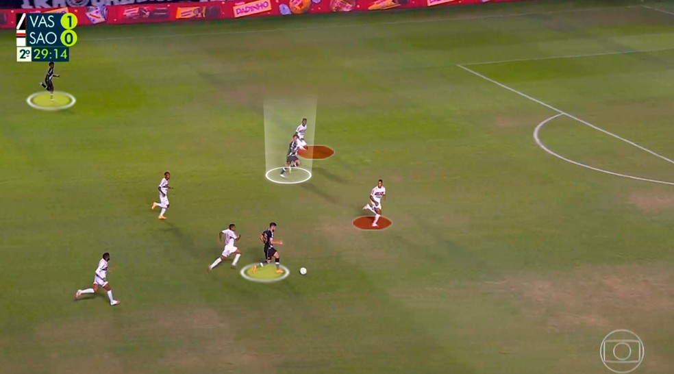 Cano começa a correr perto de Arboleda no gol — Foto: Reprodução/Léo Miranda