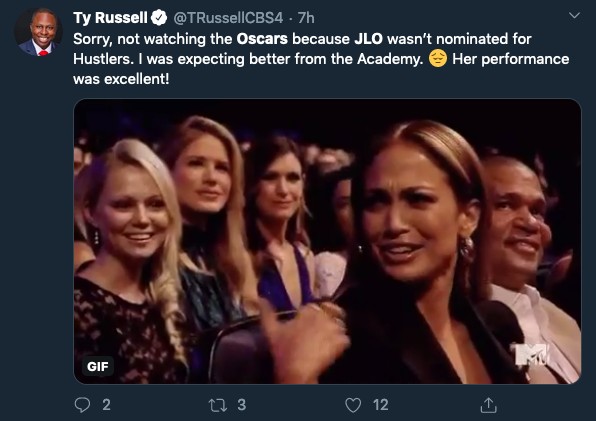 Um post lamentando a ausência de Jennifer Lopez em meio às indicadas ao Oscar 2020 (Foto: Twitter)
