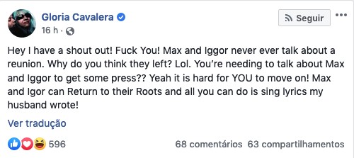 O post de Gloria Cavalera, ex-empresária do Sepultura e esposa de Max Cavalera, atacando Derrick Green (Foto: Facebook)
