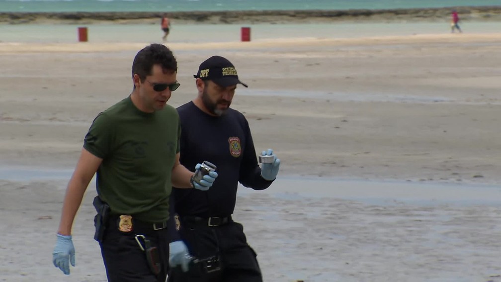 Peritos da Polícia Federal foram a Carneiros recolher amostras das manchas de óleo, nesta sexta-feira (18) — Foto: Reprodução/TV Globo