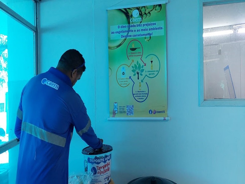 Sede da Caern em Mossoró/RN é ponto de coleta de óleo e tampinhas de plástico — Foto: Divulgação / Caern