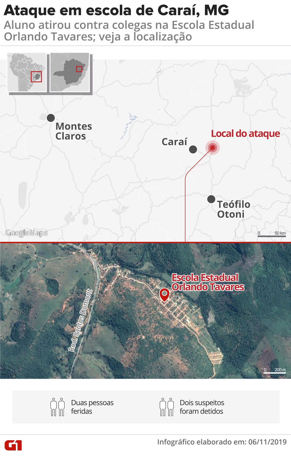 Mapa: ataque em escola de Caraí (MG) — Foto: Rodrigo Sanches/G1 