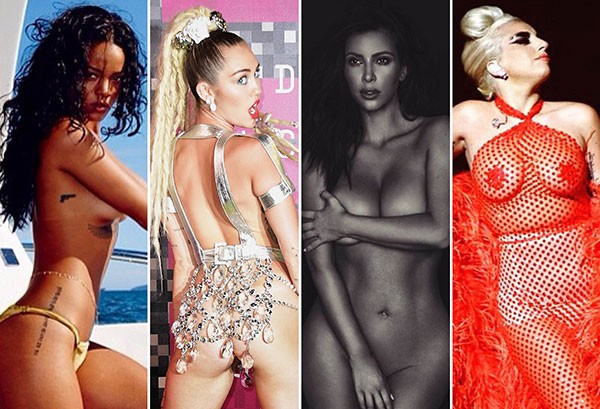 Rihanna, Miley Cyrus, Kim Kardashian e Lady Gaga fazem parte do time das que não têm vergonha de exibir o corpo (Foto: Getty Images / Reprodução)