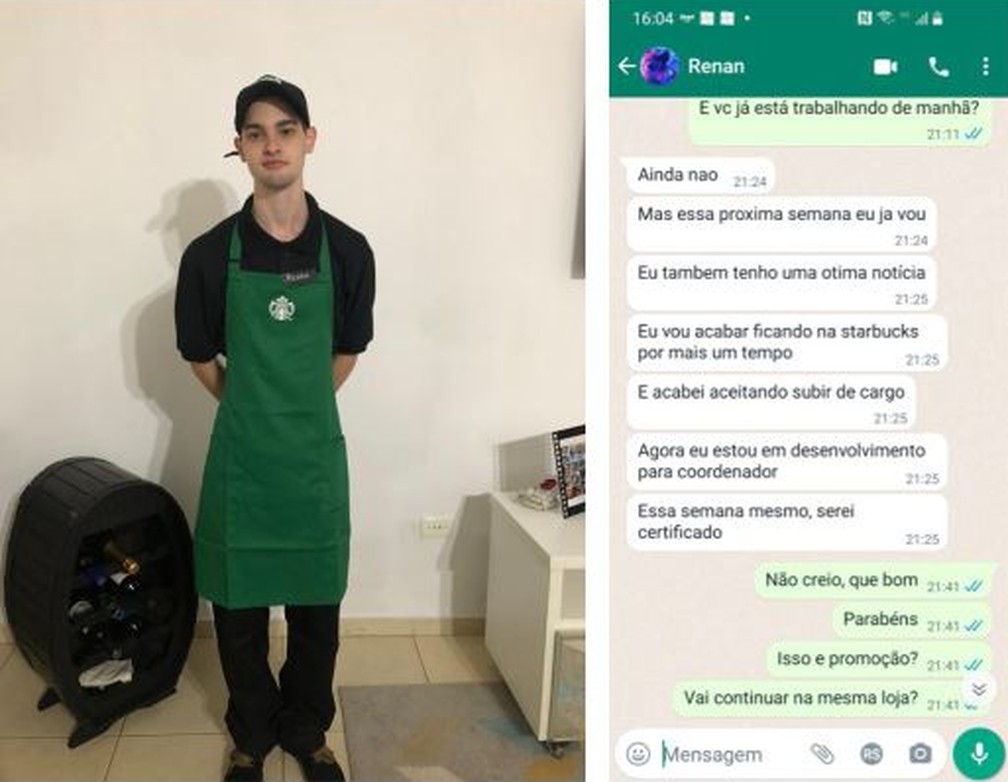Renan trabalhava na Starbucks; ao lado mensagem dele para uma das tias comentando sobre o trabalho — Foto: Reprodução/Arquivo pessoal