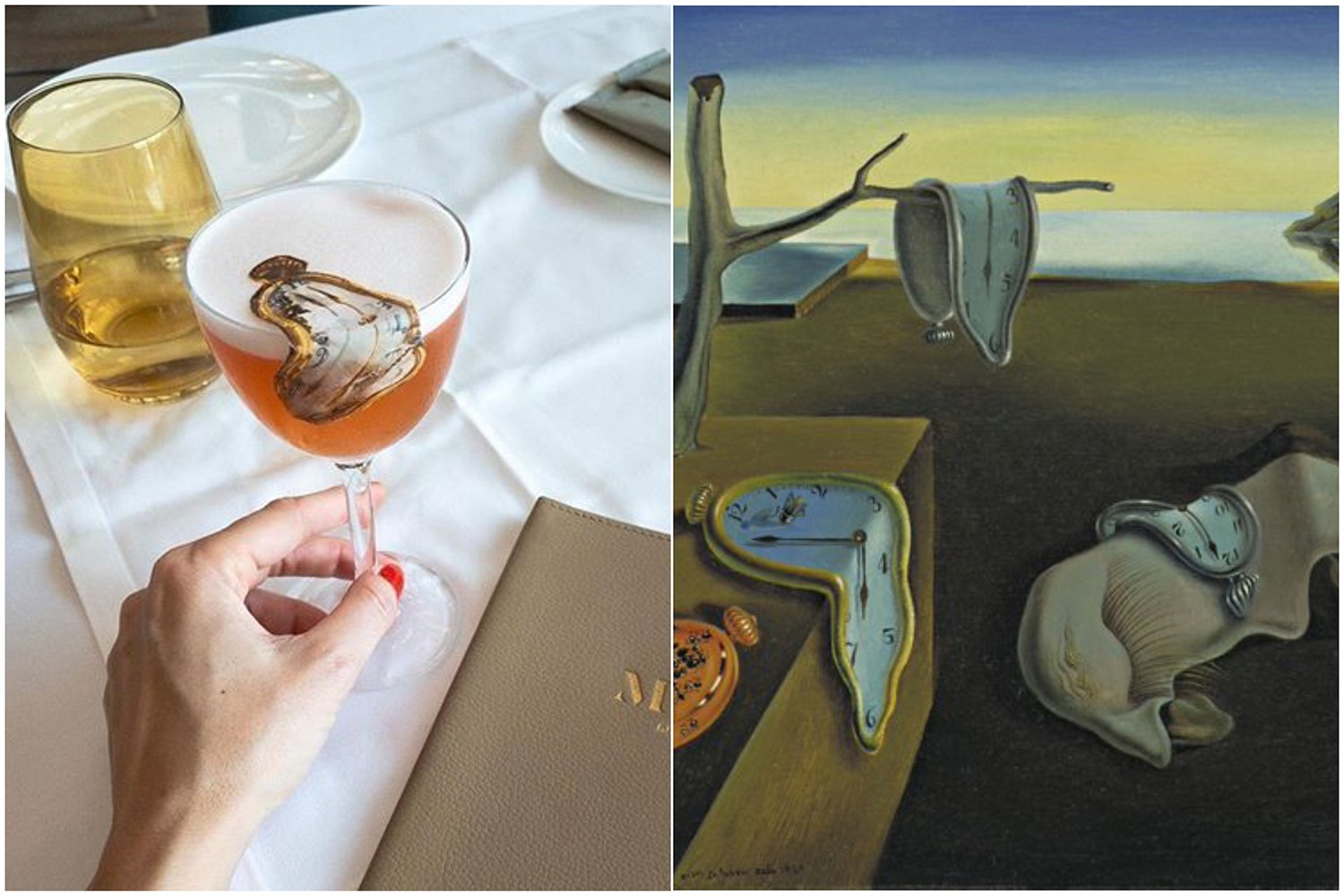 O emblemático relógio derretido de Salvador Dalí também inspirou coquetéis no restaurante de Dubai (Foto: Milica Gagic / Reprodução | Montagem: Casa e Jardim)