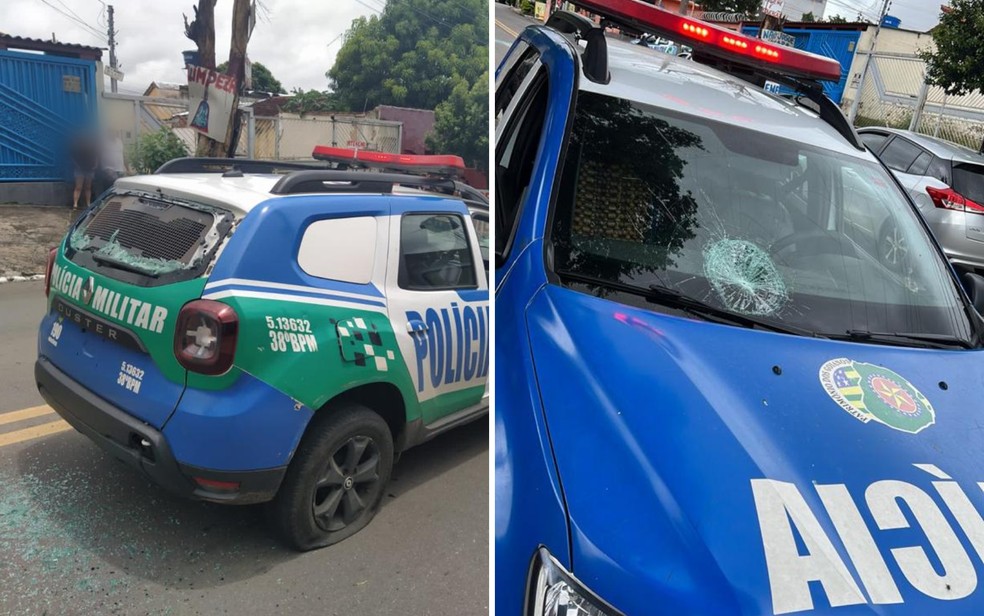 Viatura da Polícia Militar com vidros quebrados, em Goiânia, Goiás — Foto: Reproduçãoa/Redes Sociais