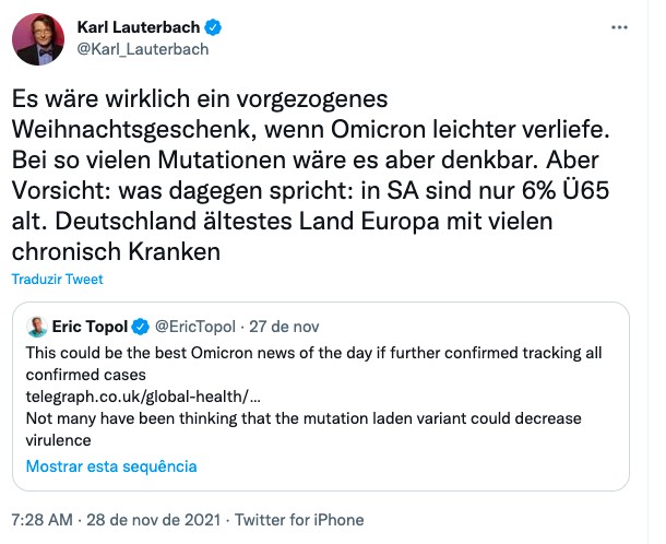 Tweet do futuro primeiro ministro da Saúde da Alemanha, o epidemiologista Karl Lauterbach (Foto: Reprodução Twitter/@Karl_Lauterbach)