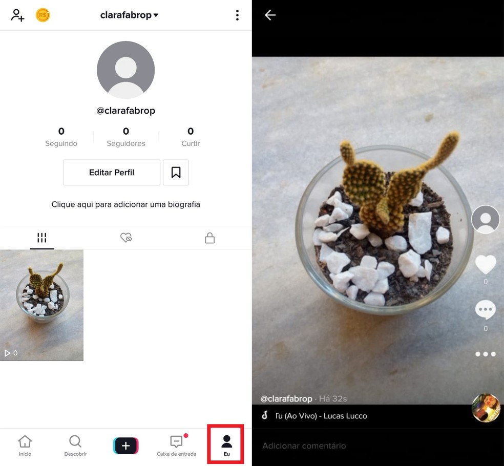 Como colocar legenda no TikTok? Entre no seu perfil e selecione o vídeo que deseja editar — Foto: Reprodução/Clara Fabro