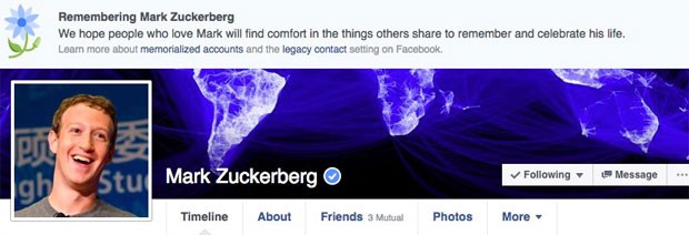 Notificação no perfil de Mark Zuckerbeg declarava o cofundador e presidente-executivo da rede social como morto. (Foto: Reprodução/Facebook)