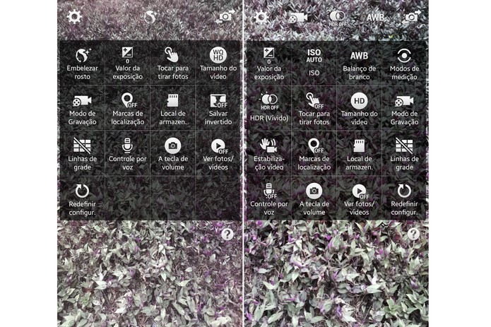 Interface do menu de configurações da câmera do Galaxy Note 4; câmera frontal, à esquerda, e traseira, à direita (Foto: Reprodução/Lucas Mendes)
