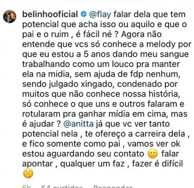 MC Belinho, pai de Melody, responde a comentário de Anitta (Foto: Reprodução/Instagram)